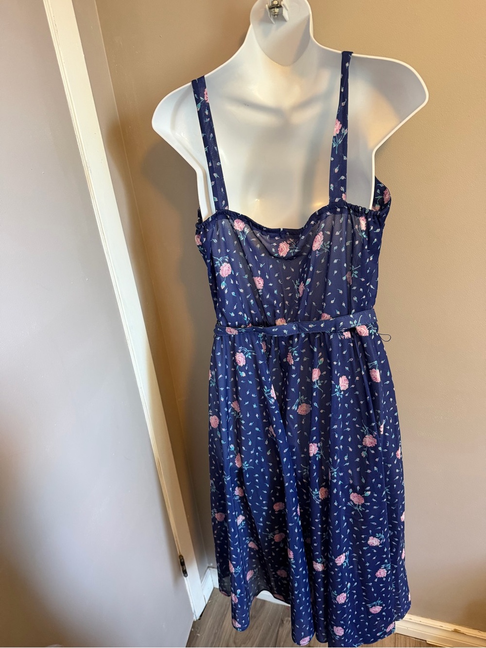 Sears Vintage Floral Lace Sheer Capelet Sundress Belted Navy Blue M - Picture 7 of 8